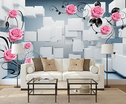Белые геометрические фигуры с розами в интерьере гостиной с диваном