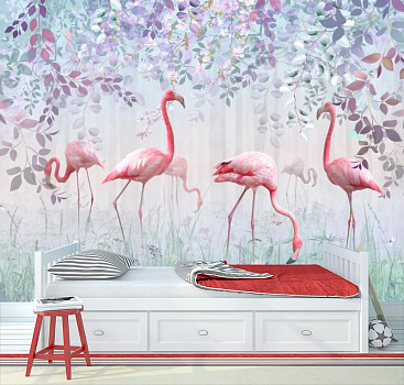 Розовые фламинго на прогулке в интерьере детской комнаты мальчика