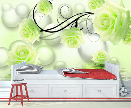 Зеленые розы с белыми шарами в интерьере детской комнаты мальчика