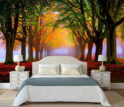 Красочный лес в интерьере спальни