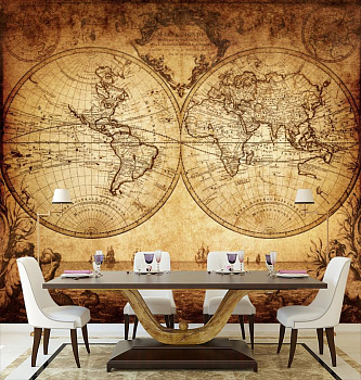 Карта мира на глобусе  в интерьере кухни с большим столом