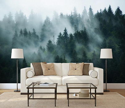 Туманный ельник в интерьере гостиной с диваном