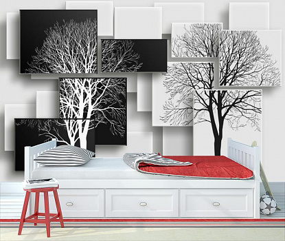 Деревья на черном и белом фоне в интерьере детской комнаты мальчика