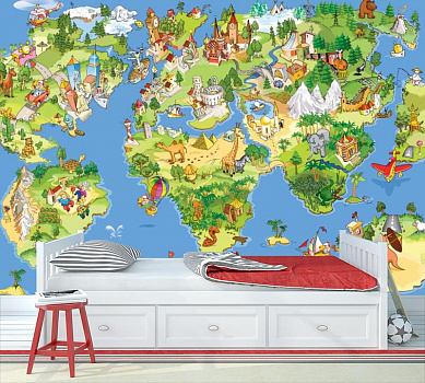 Веселая карта мира в интерьере детской комнаты мальчика