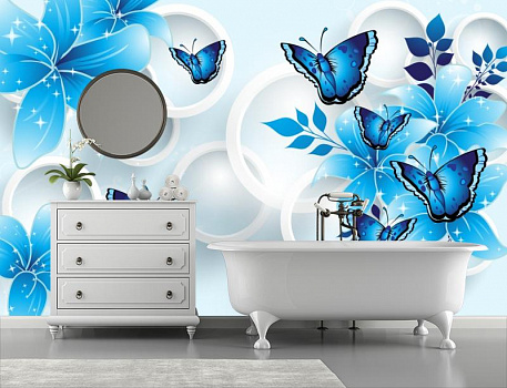 Голубые бабочки с белыми кругами в интерьере ванной