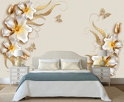 Белые цветы с золотом в интерьере спальни