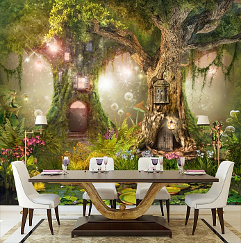 Фея из лесной сказки в интерьере кухни с большим столом