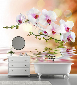 Белая орхидея над водой в интерьере ванной