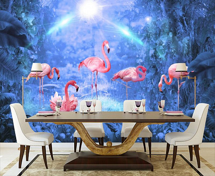 Розовый фламинго в голубом свете  в интерьере кухни с большим столом