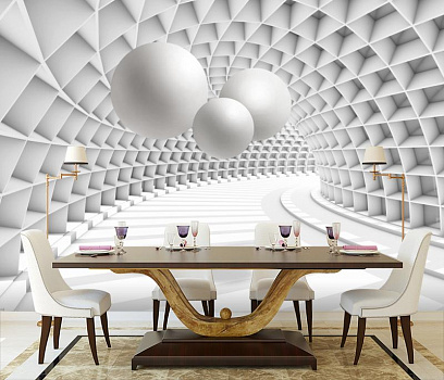 Белые шары под куполом из квадратов в интерьере кухни с большим столом