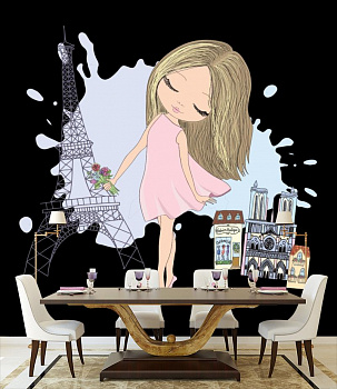 Девочка в розовом в интерьере кухни с большим столом
