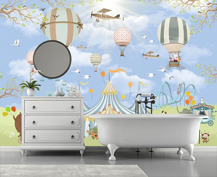 Воздушные шары и самолеты над цирком  в интерьере ванной