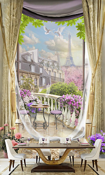 Цветущий балкончик   в интерьере кухни с большим столом