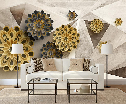 Геометрические цветы в интерьере гостиной с диваном
