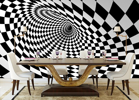 Черно-белый тонель в интерьере кухни с большим столом