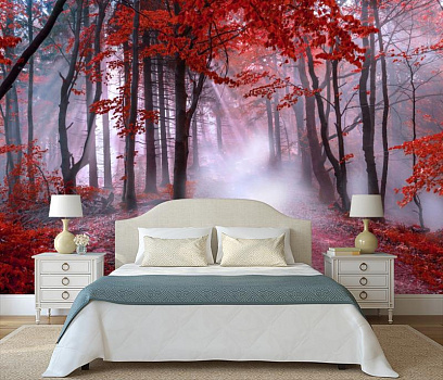Красный лес  в интерьере спальни