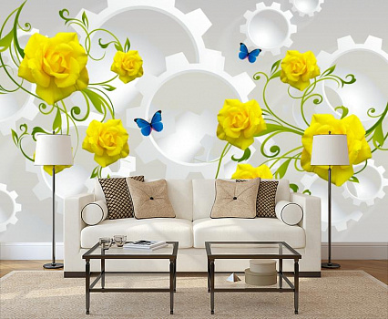 Желтые розы на белых фигурах в интерьере гостиной с диваном