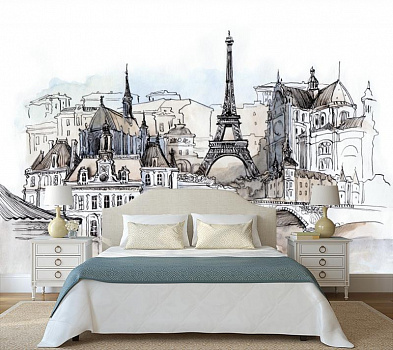 Набросок Эйфелевой башни в Париже в интерьере спальни