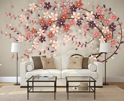 Цветущее дерево в интерьере гостиной с диваном