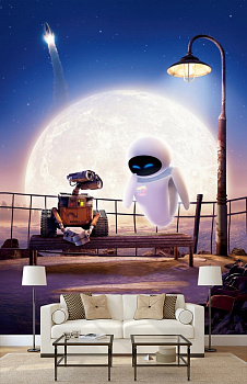 Роботы на фоне белой планеты в интерьере гостиной с диваном
