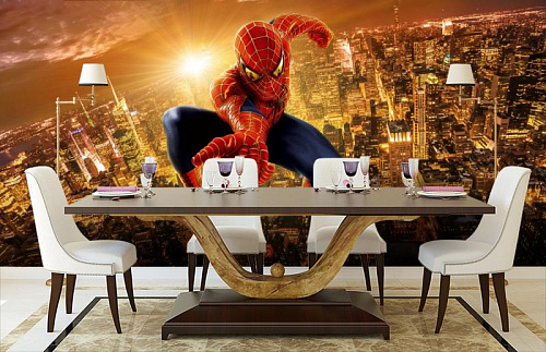 Человек паук над городом в интерьере кухни с большим столом