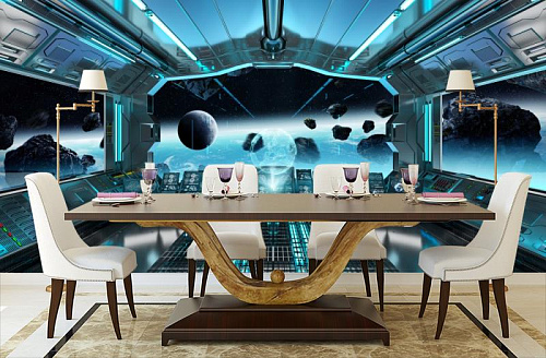 Космический корабль в космосе в интерьере кухни с большим столом