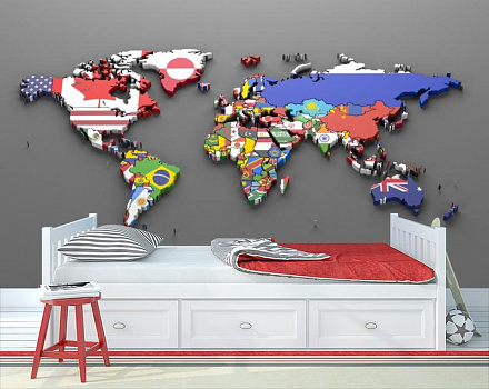 Карта мира из флагов стран в интерьере детской комнаты мальчика