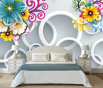 Белые кольца с яркими цветами в интерьере спальни