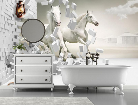 Белые лошади на фоне юрт в интерьере ванной
