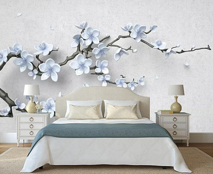 Голубая сакура в интерьере спальни