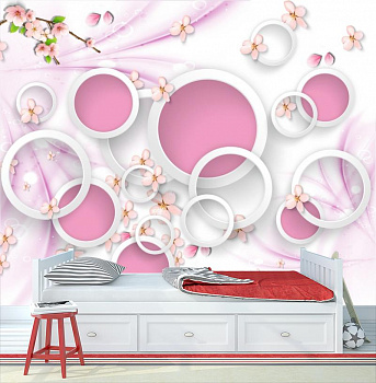 Розовые круги с цветами сакуры в интерьере детской комнаты мальчика