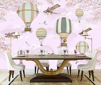 Воздушные шары на розовом небе в интерьере кухни с большим столом