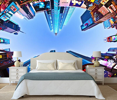 Современный мегаполис в интерьере спальни