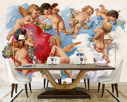 Ангелочки в небе в интерьере кухни с большим столом