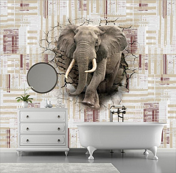Слон выходит из стены в интерьере ванной