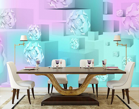 Кубики с изображением цветов в интерьере кухни с большим столом