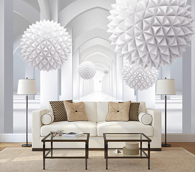 Коридор из арок с 3D шарами в интерьере гостиной с диваном