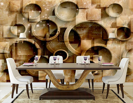 Мраморная стена с кругами в интерьере кухни с большим столом