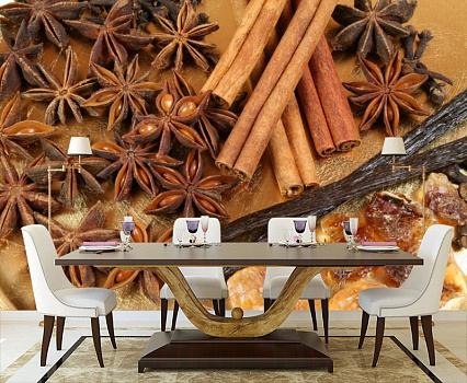 Разнообразие пряностей в интерьере кухни с большим столом