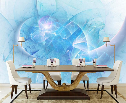 Голубая фантазия в интерьере кухни с большим столом