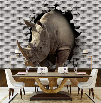 Носорог в интерьере кухни с большим столом