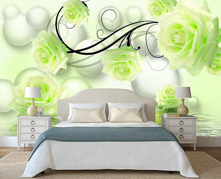 Зеленые розы с белыми шарами в интерьере спальни