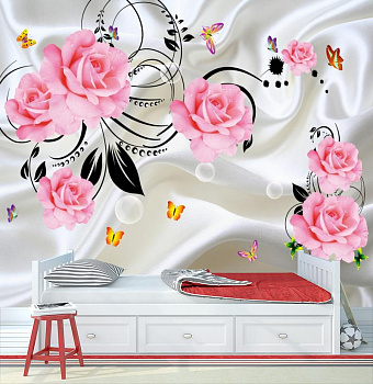 Розы с бабочками на белом шелке в интерьере детской комнаты мальчика