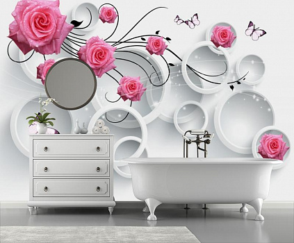 Розы в белых кольцах в интерьере ванной