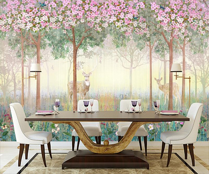 Олени среди цветущих деревьев в интерьере кухни с большим столом