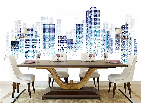Городская мозайка в интерьере кухни с большим столом