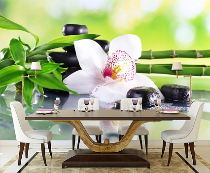 Белая орхидея в интерьере кухни с большим столом