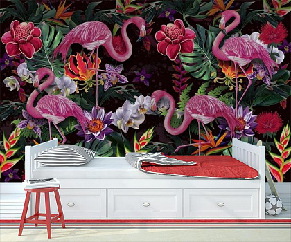 Фламинго в цветочном оазисе в интерьере детской комнаты мальчика