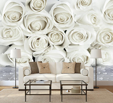 Белые розы с каплями росы в интерьере гостиной с диваном