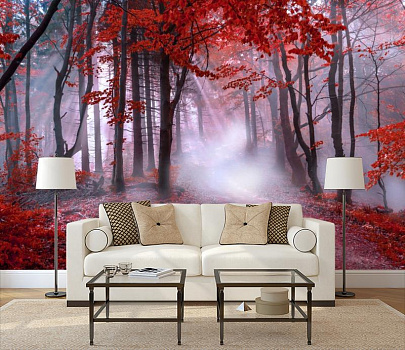 Красный лес  в интерьере гостиной с диваном